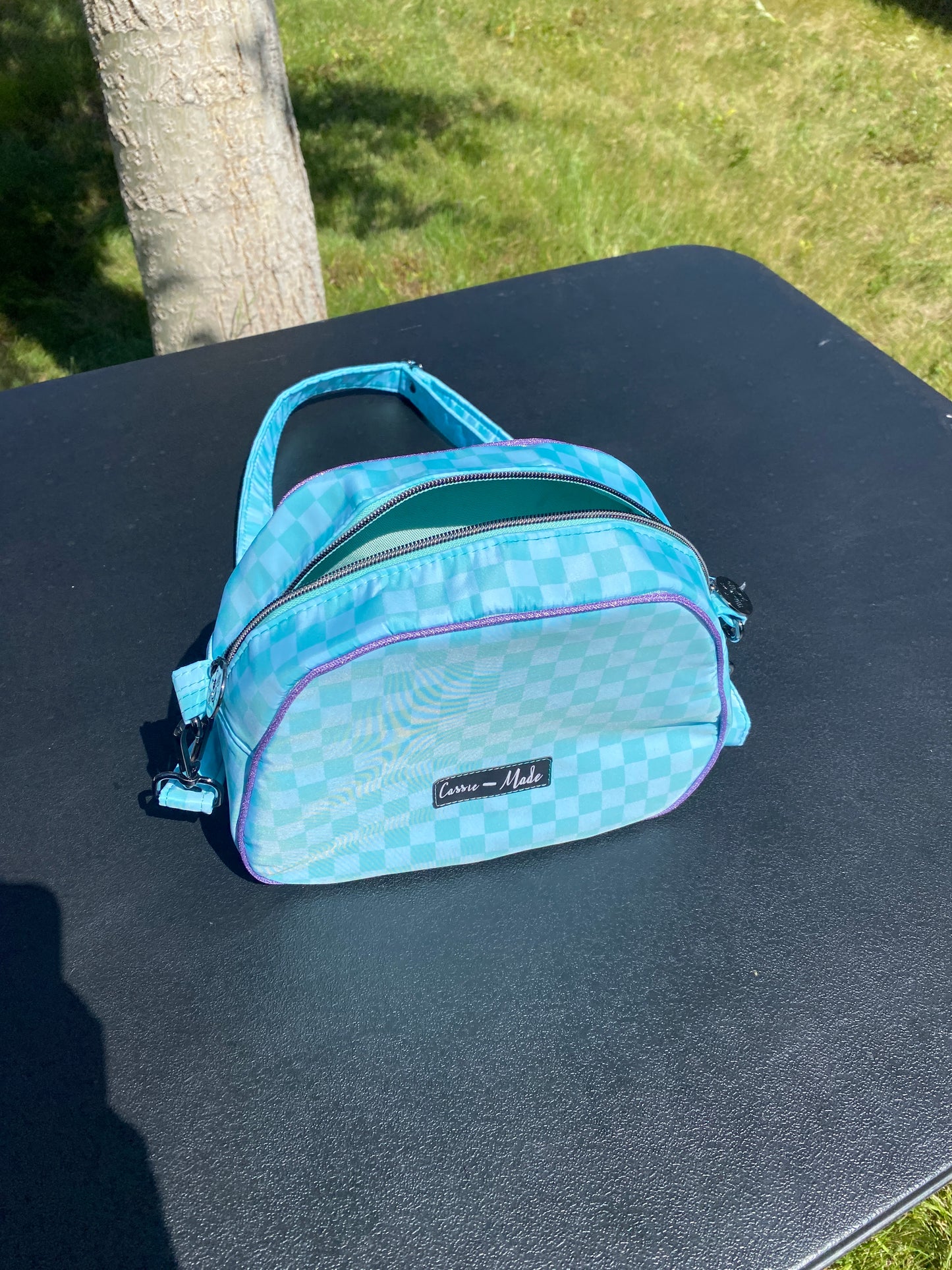 Checkered teal crossbody bag