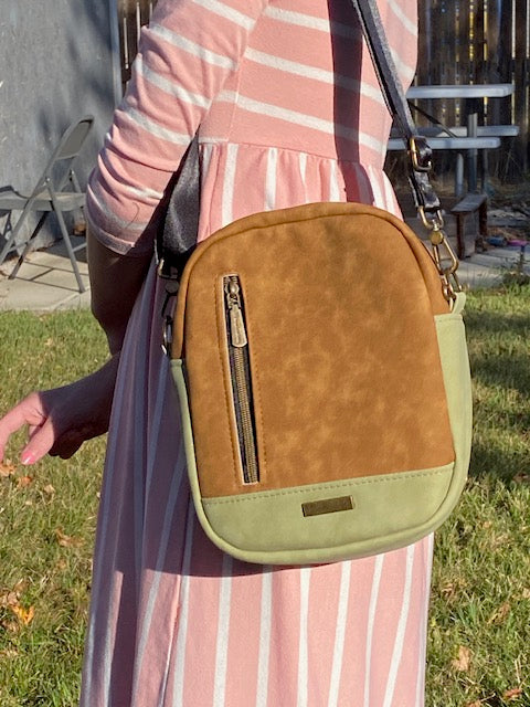 pebble sling, backpack, crossbody, brown green