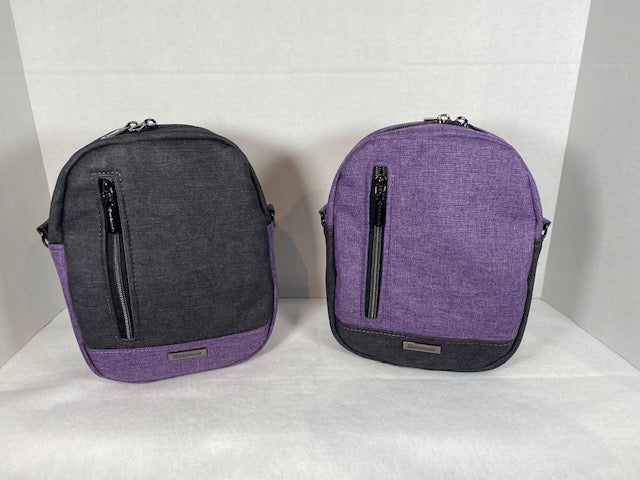 pebble sling, backpack, crossbody, purple black