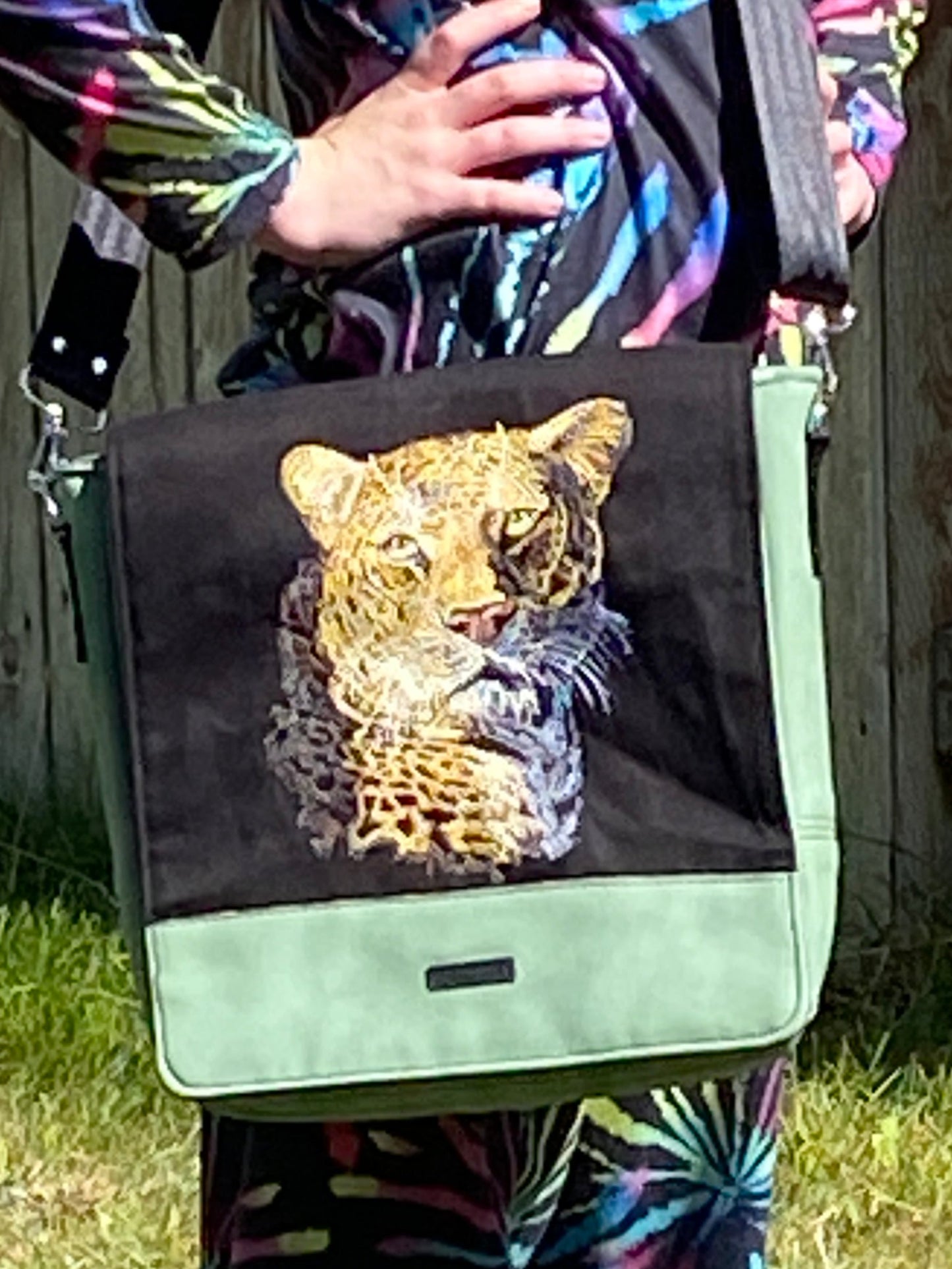 Cheetah embroidered messenger bag