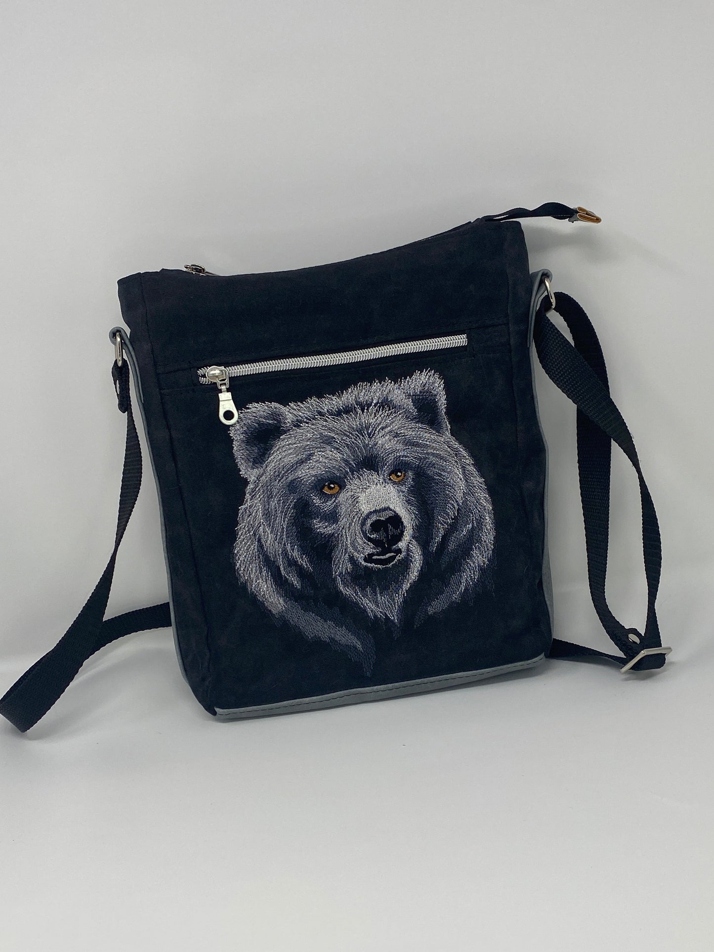 Embroidered Bear Satchel in Black