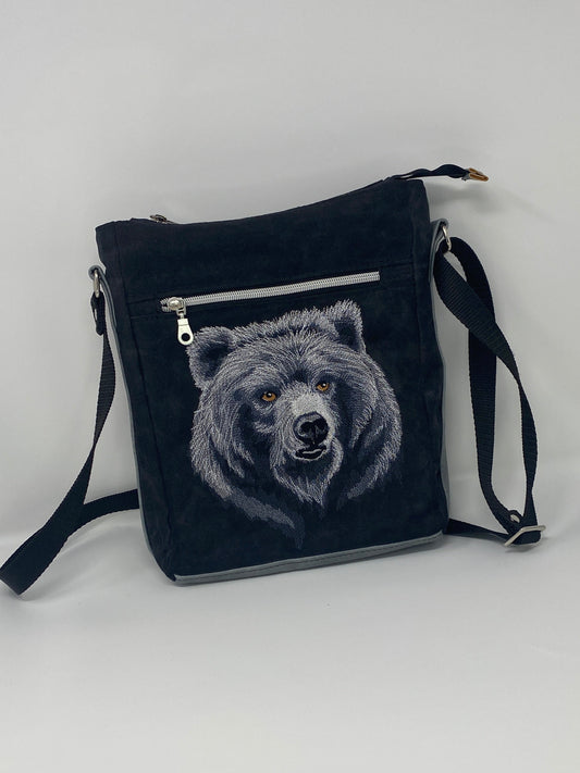 Embroidered Bear Satchel in Black