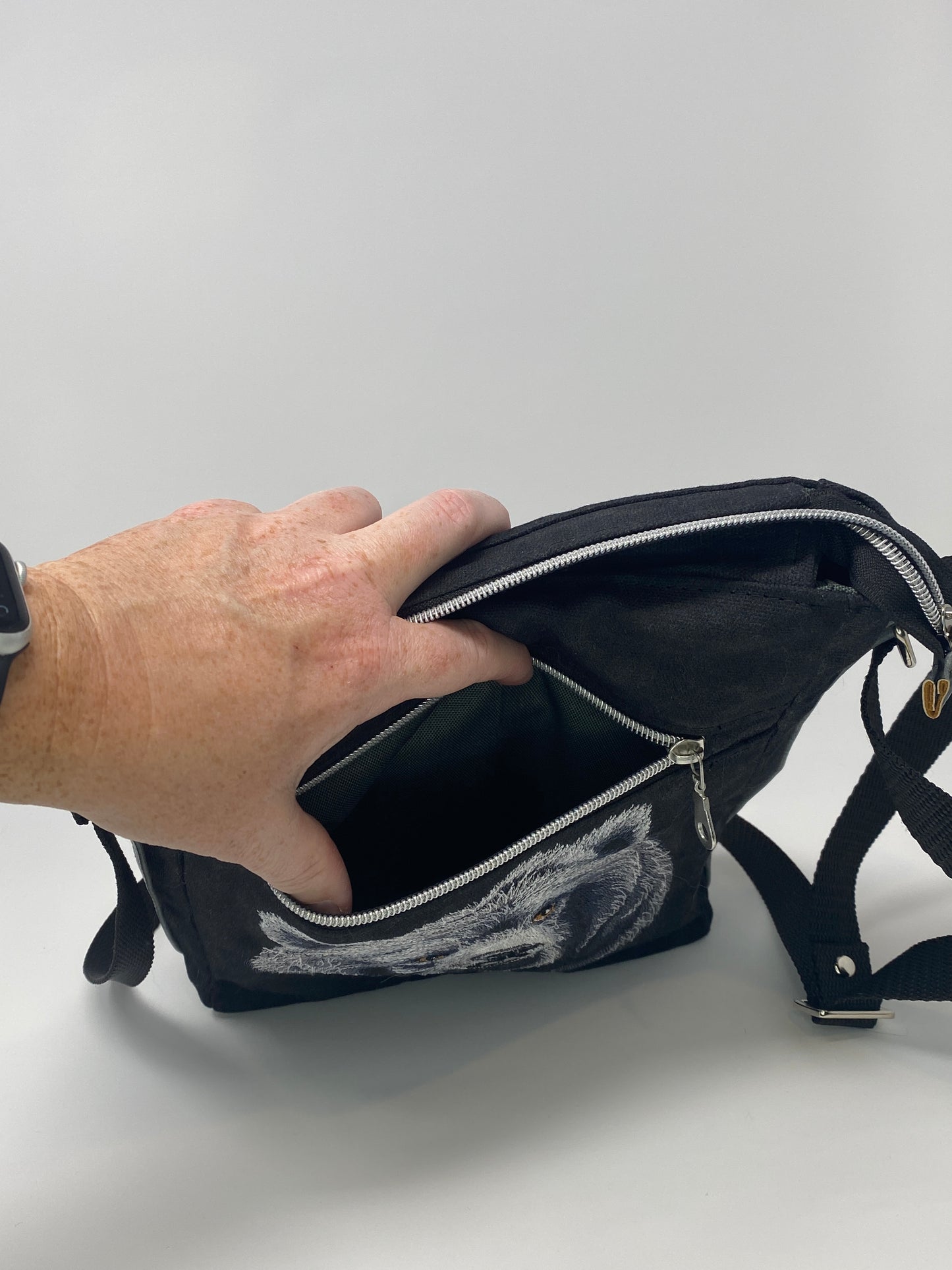 Embroidered Satchel Wolf on black