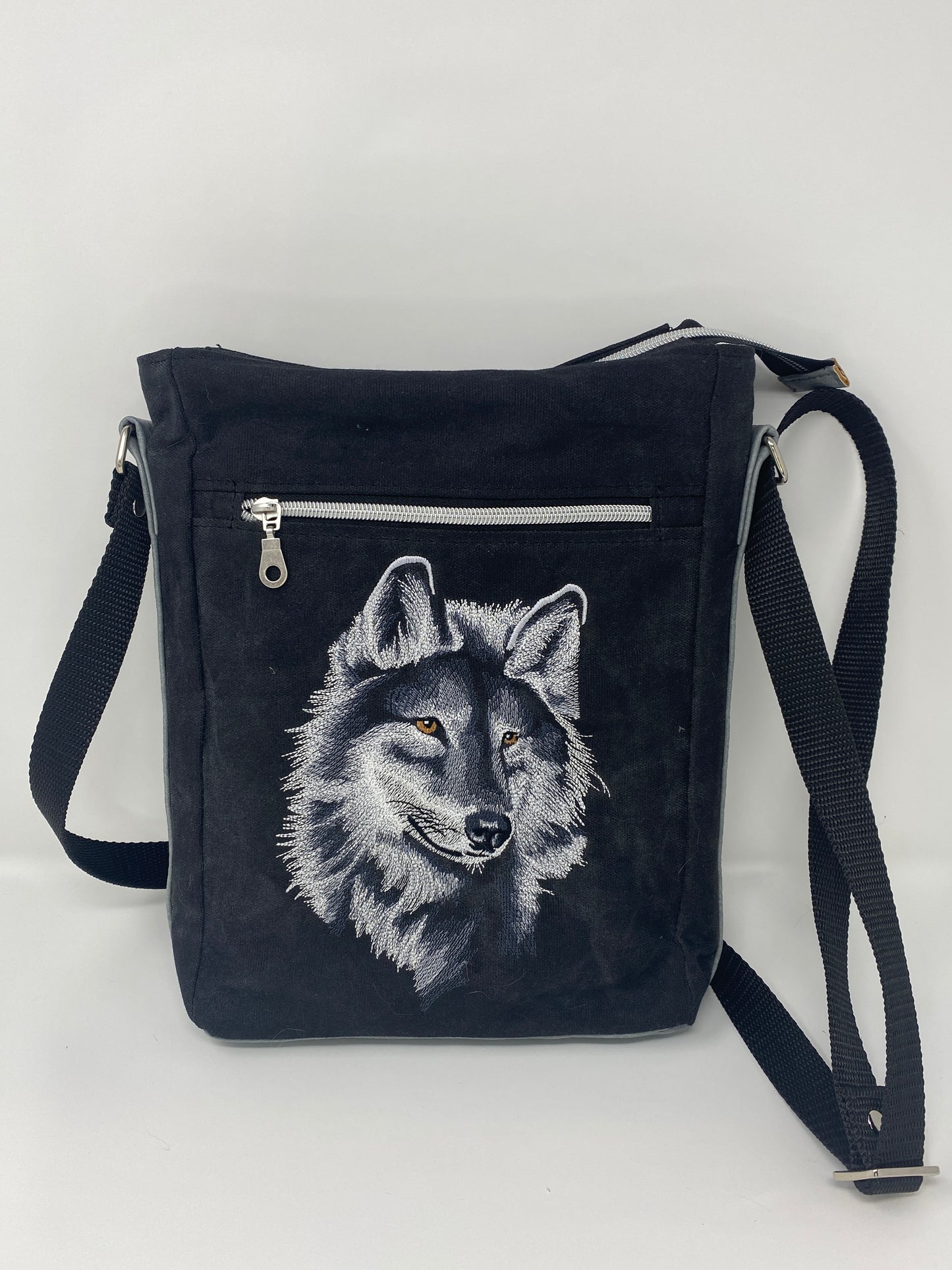 Embroidered Satchel Wolf on black