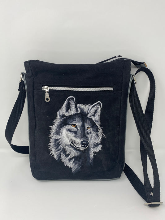Embroidered Satchel Wolf on black