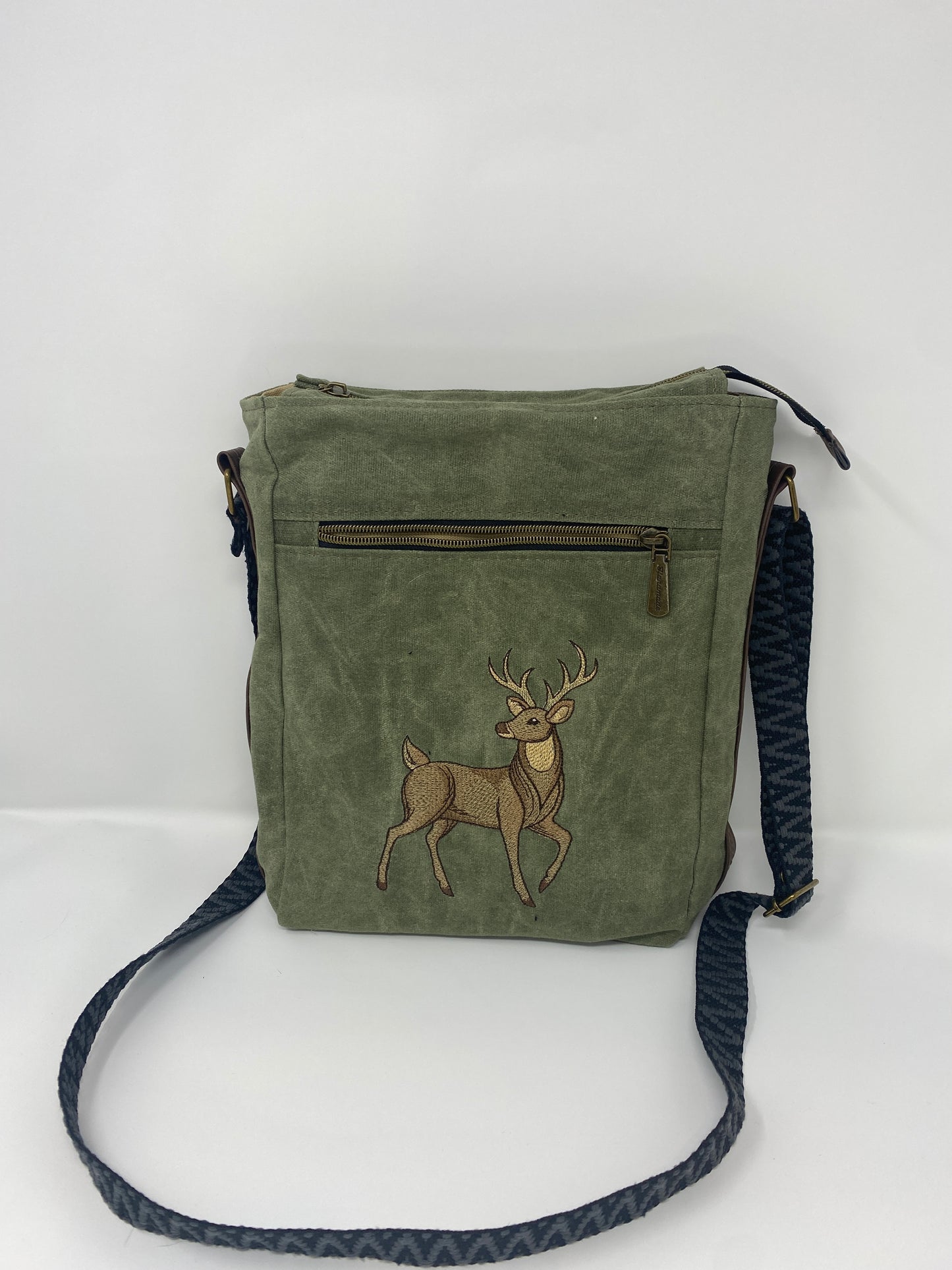 Embroidered Satchel with Elk on green