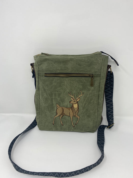 Embroidered Satchel with Elk on green