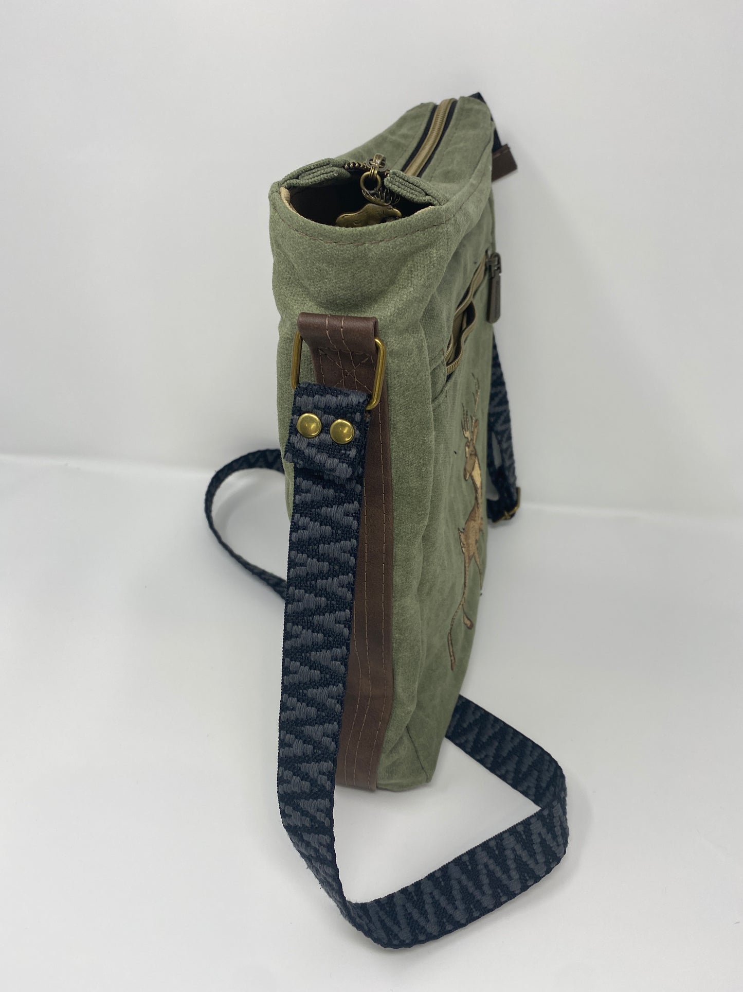 Embroidered Satchel with Elk on green